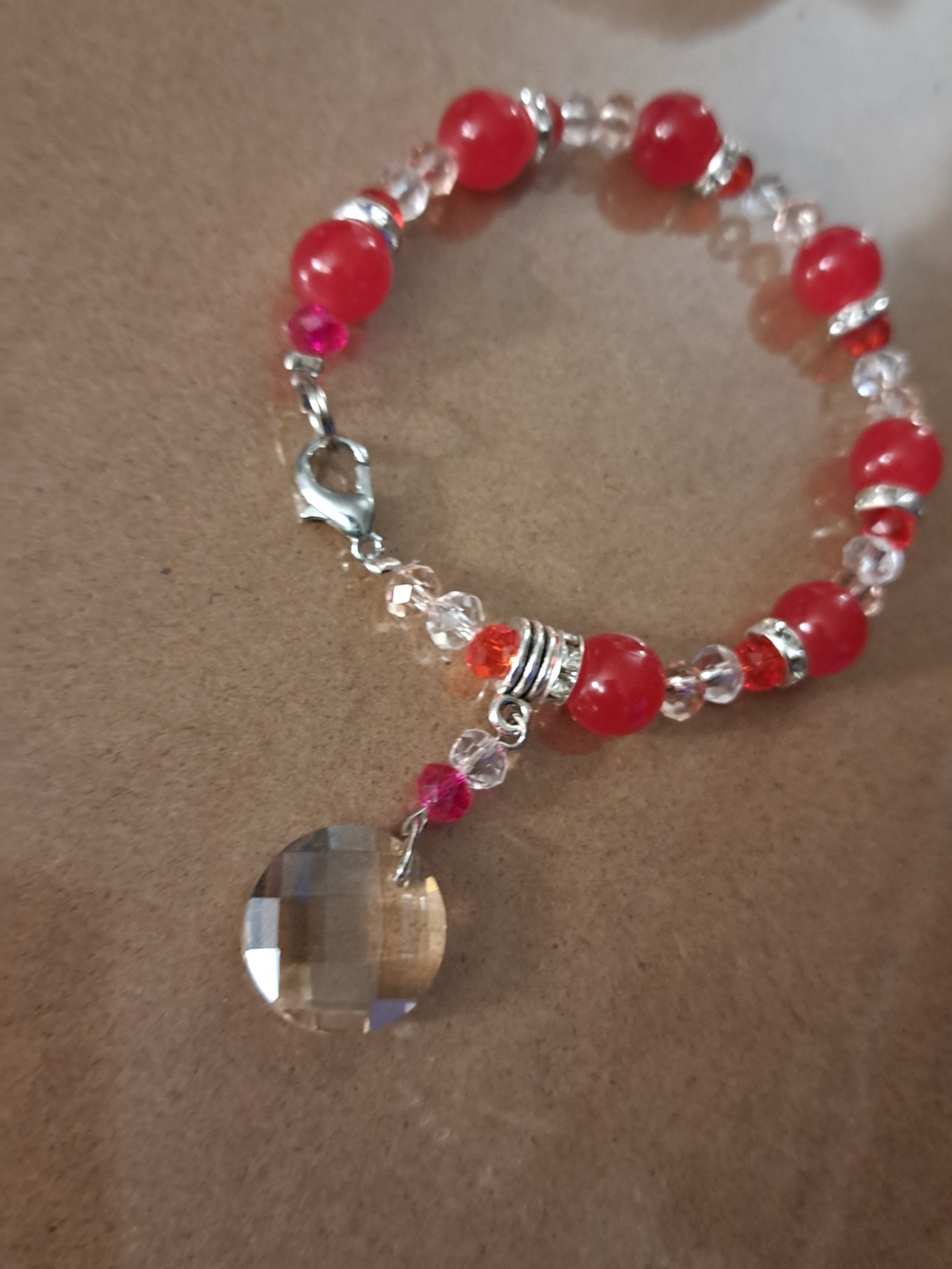Red Beaded Charm Bracelet with Crystal Pendant
